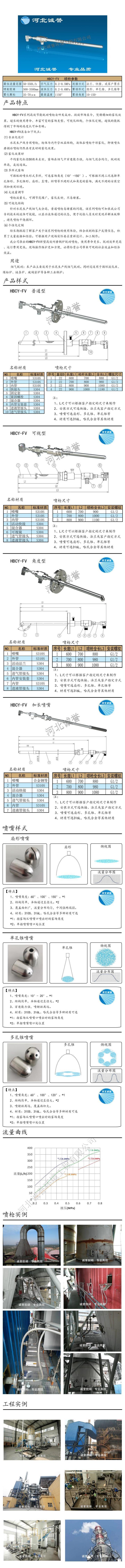 脫硝噴槍保護套、噴槍參數(shù)、材質(zhì)尺寸、流量分布圖、扇形空心錐俯視圖介紹，以及噴槍霧化視頻展示和工程案例介紹