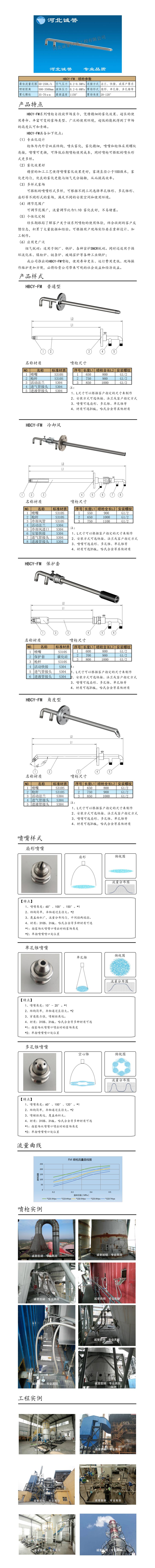 氨水噴槍、保護(hù)套、噴槍參數(shù)、材質(zhì)尺寸、流量分布圖、扇形空心錐俯視圖介紹，以及噴槍霧化視頻展示和工程案例介紹